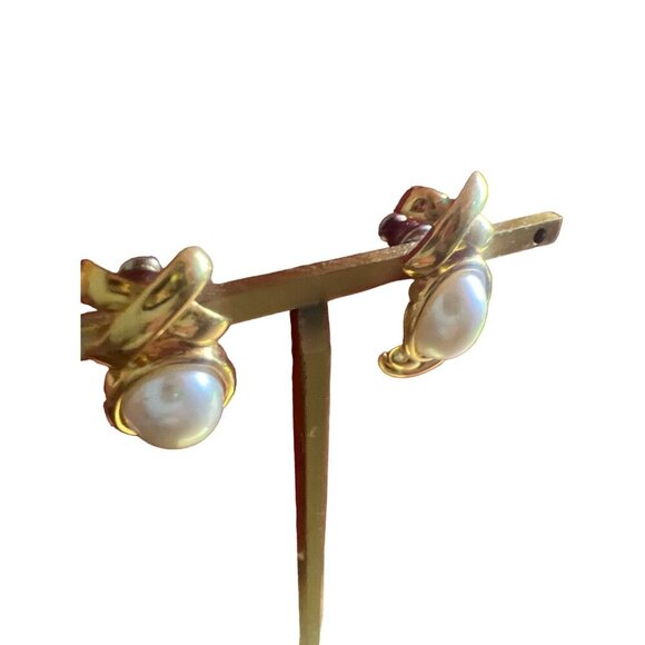 Vintage Gold Tone Faux Pearl Cross Stitch Pierced Earrings - Picture 4 of 6